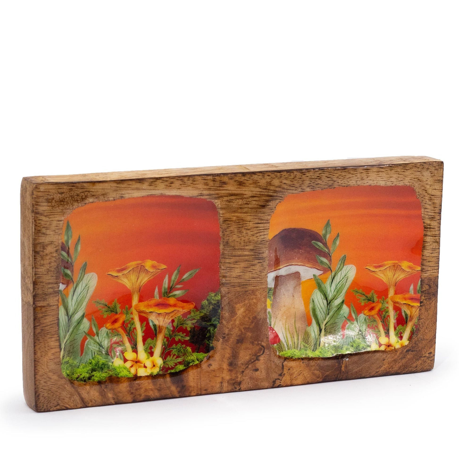 Rectangular maroon enamelled double trinket tray featuring a decorative white mushroom and botanical design.