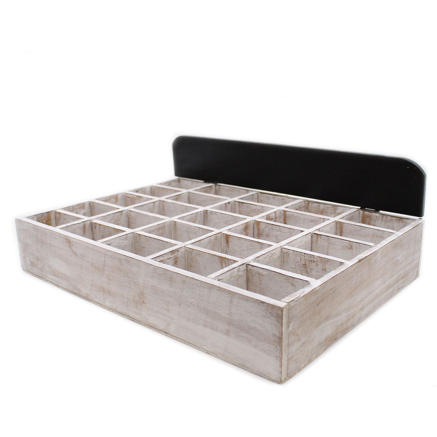 Handmade rustic wooden display tray with twenty-five square compartments for organising small items.