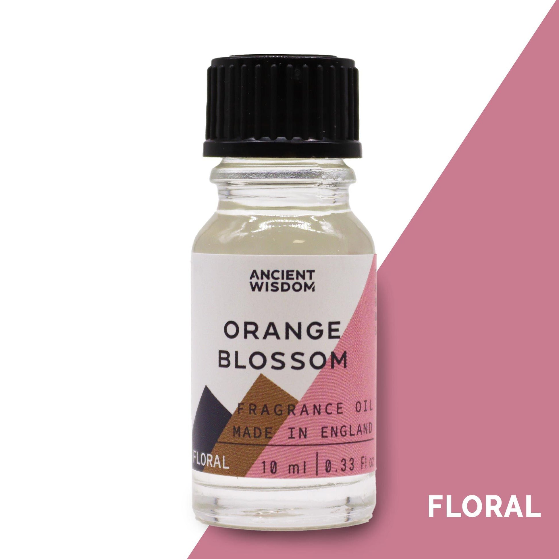 Small amber glass bottle of orange blossom fragrance oil with a white label and black screw cap.