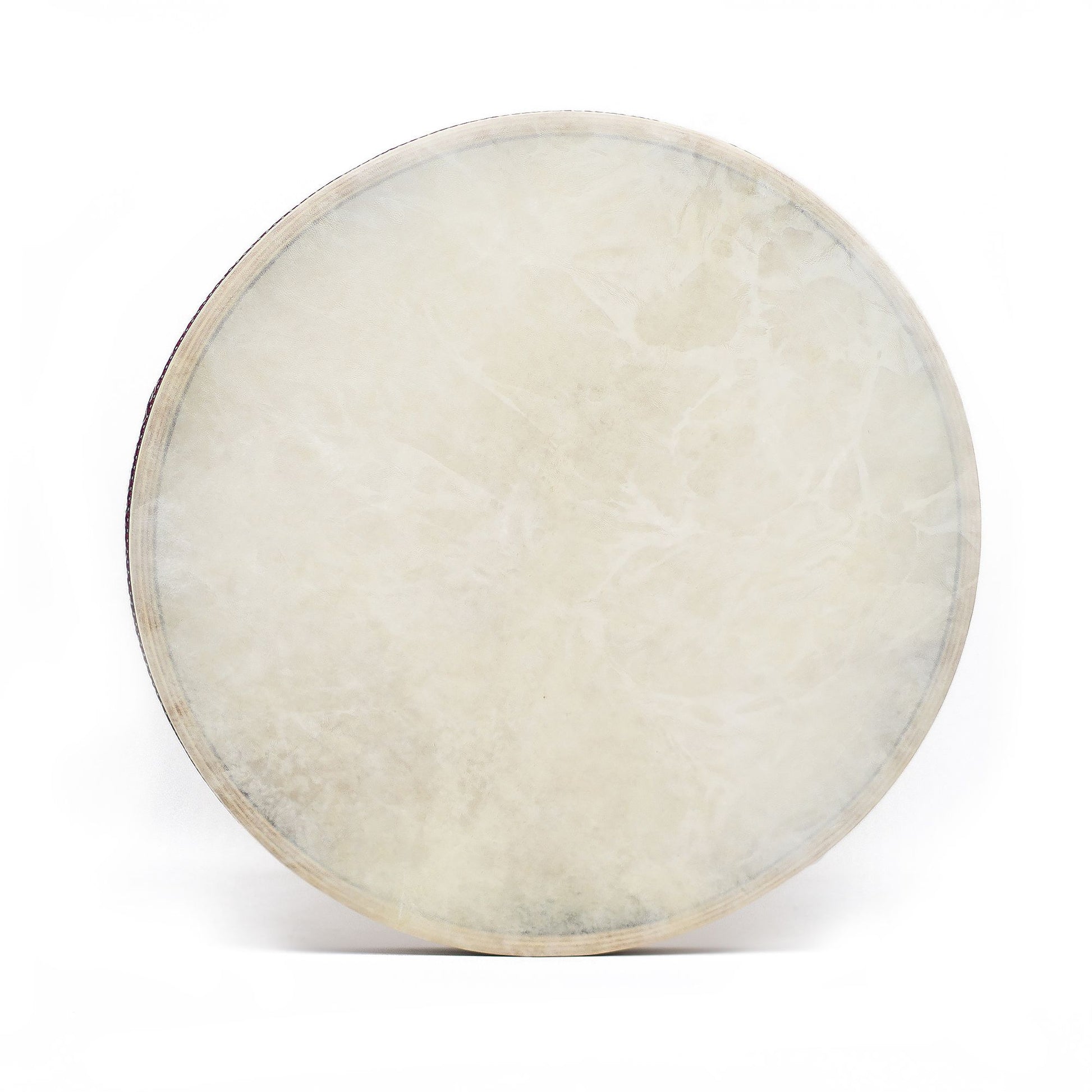Large circular ocean drum with a goatskin head and decorative patterned frame for sound healing and meditation.