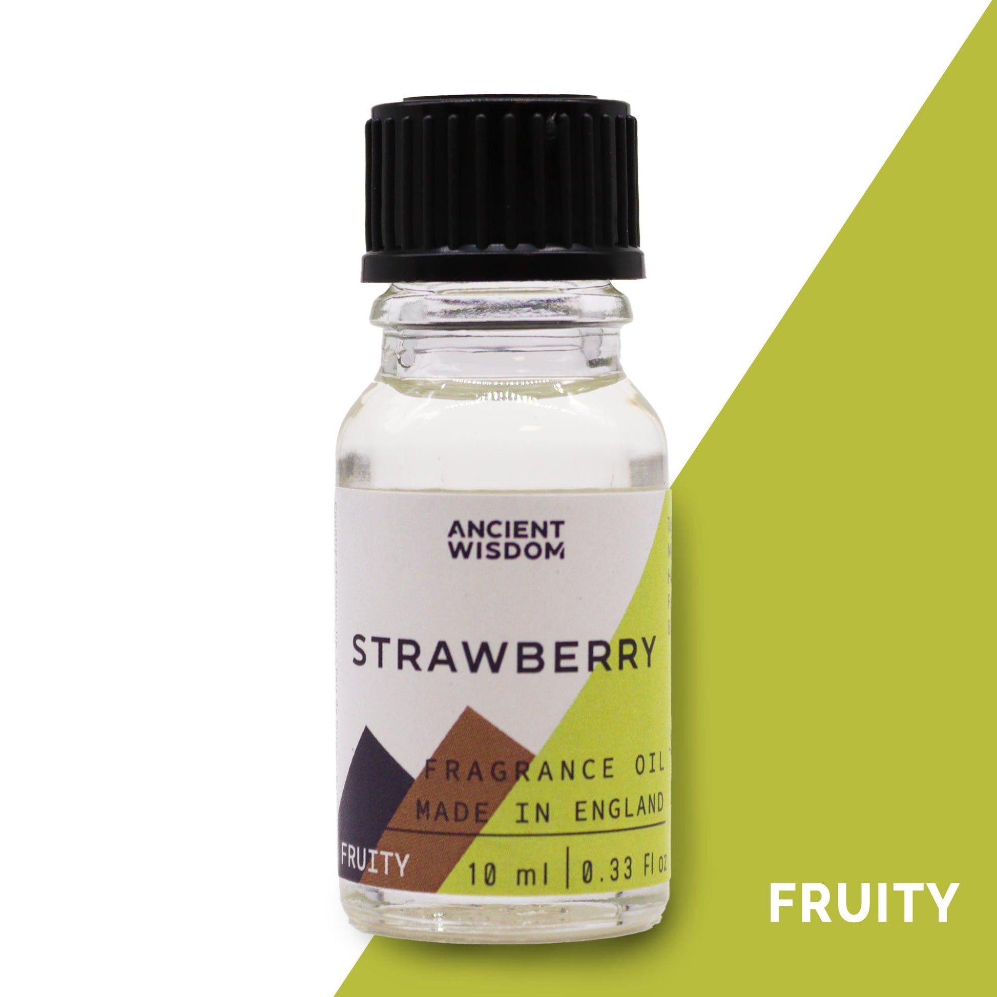 A 10ml amber glass bottle of strawberry fragrance oil with a black dropper cap and a minimalist white label.