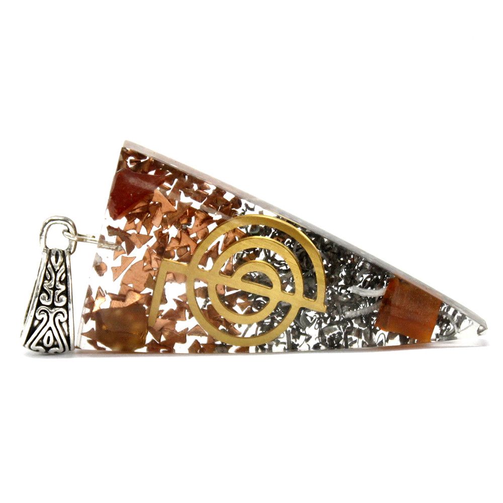 Pointed orgonite pendant featuring layered gemstone chips, copper, and metal filings in clear resin.