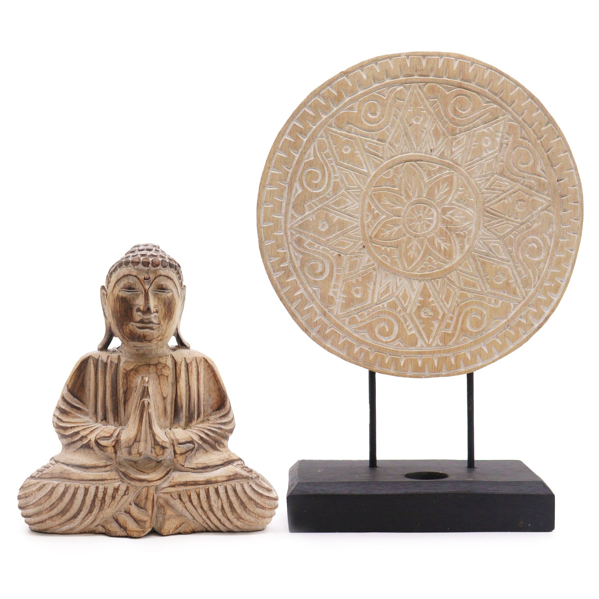 Zen Buddha statue set with a classic mandala pattern in a natural finish for spiritual home decor.