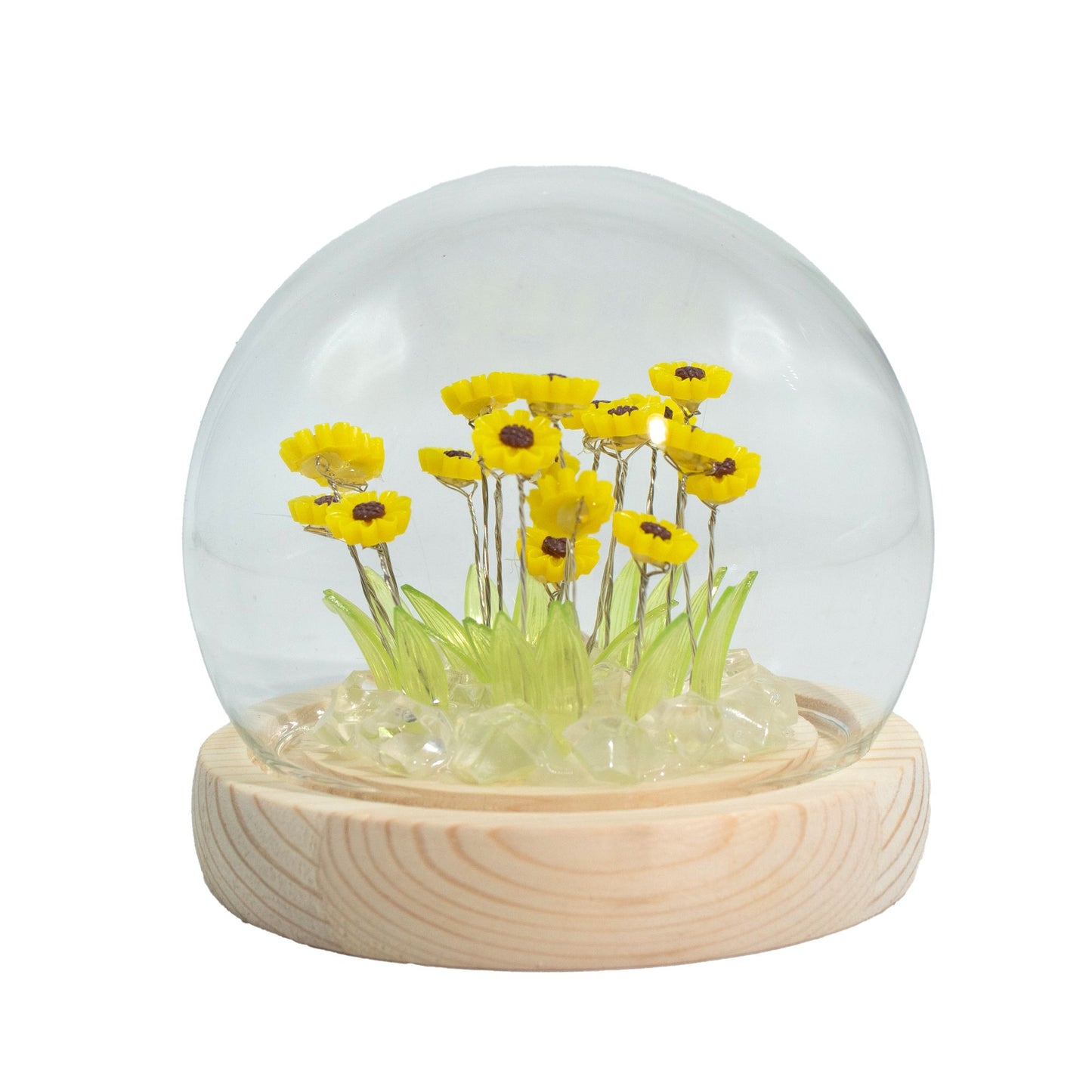 Delicate sunflower arrangement with soft LED lights inside a clear glass dome on a natural wooden base.
