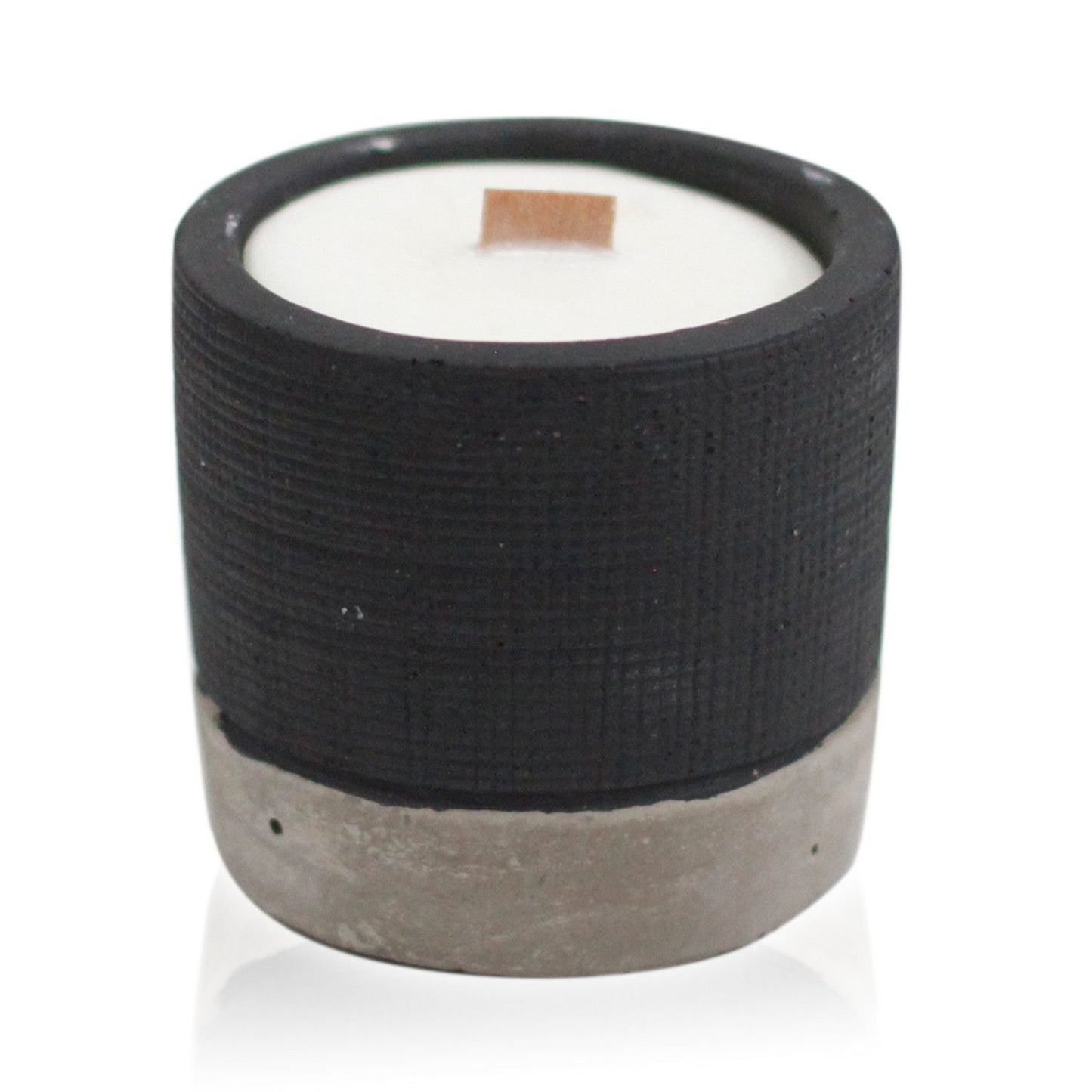 Minimalist black concrete pot candle with a natural wooden wick and smooth wax finish.