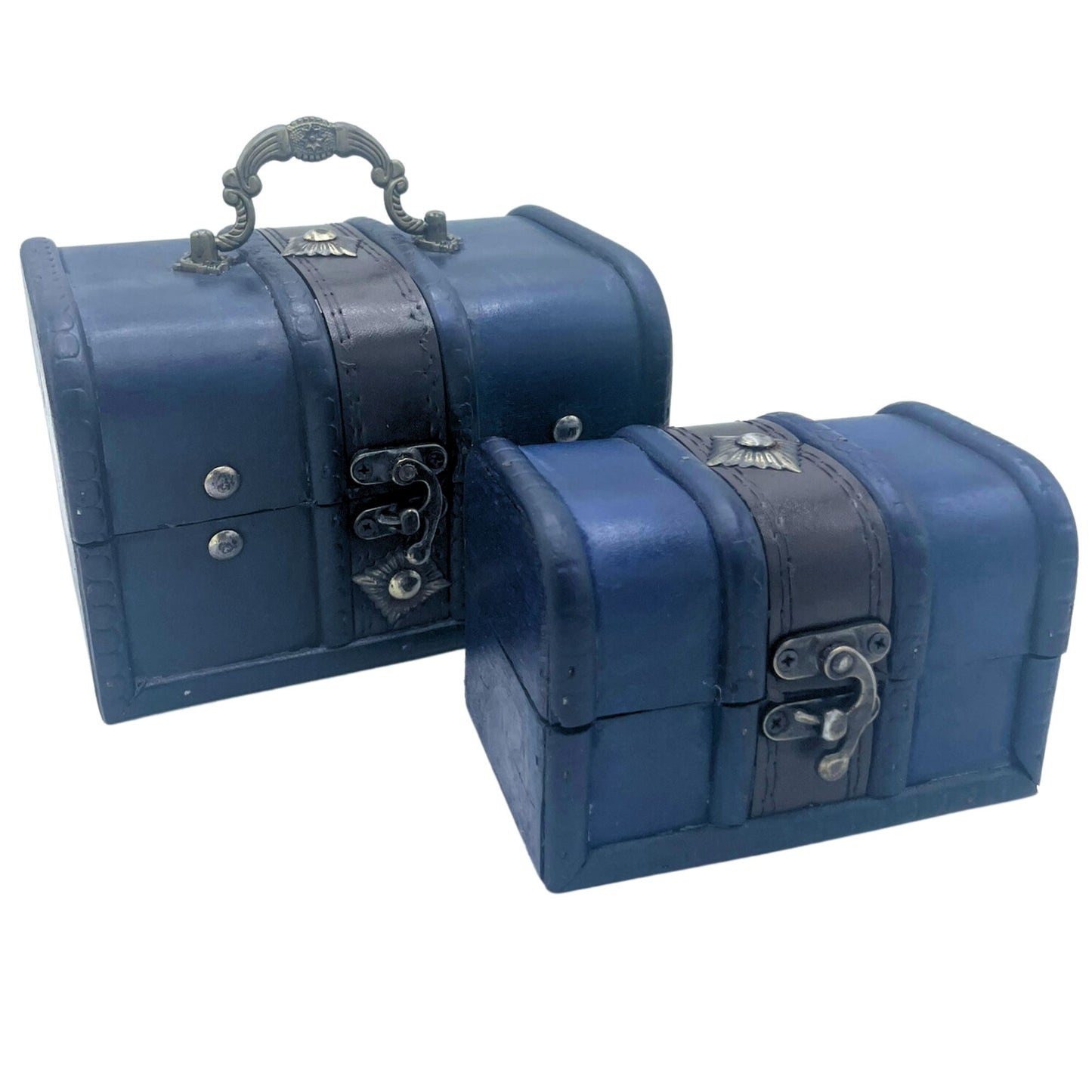 Two vintage-style wooden treasure chests in a vibrant teal finish with ornate metallic clasps and detailing.