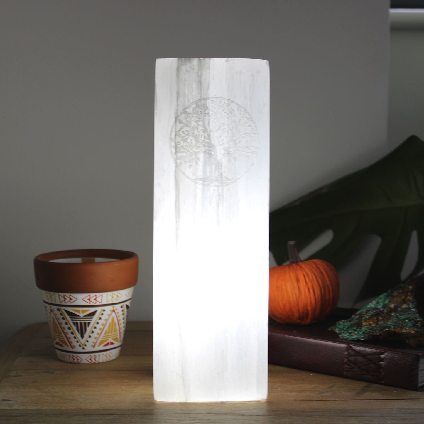 Tall rectangular selenite crystal block lamp with a hand-carved Tree of Life symbol emitting a soft white glow.