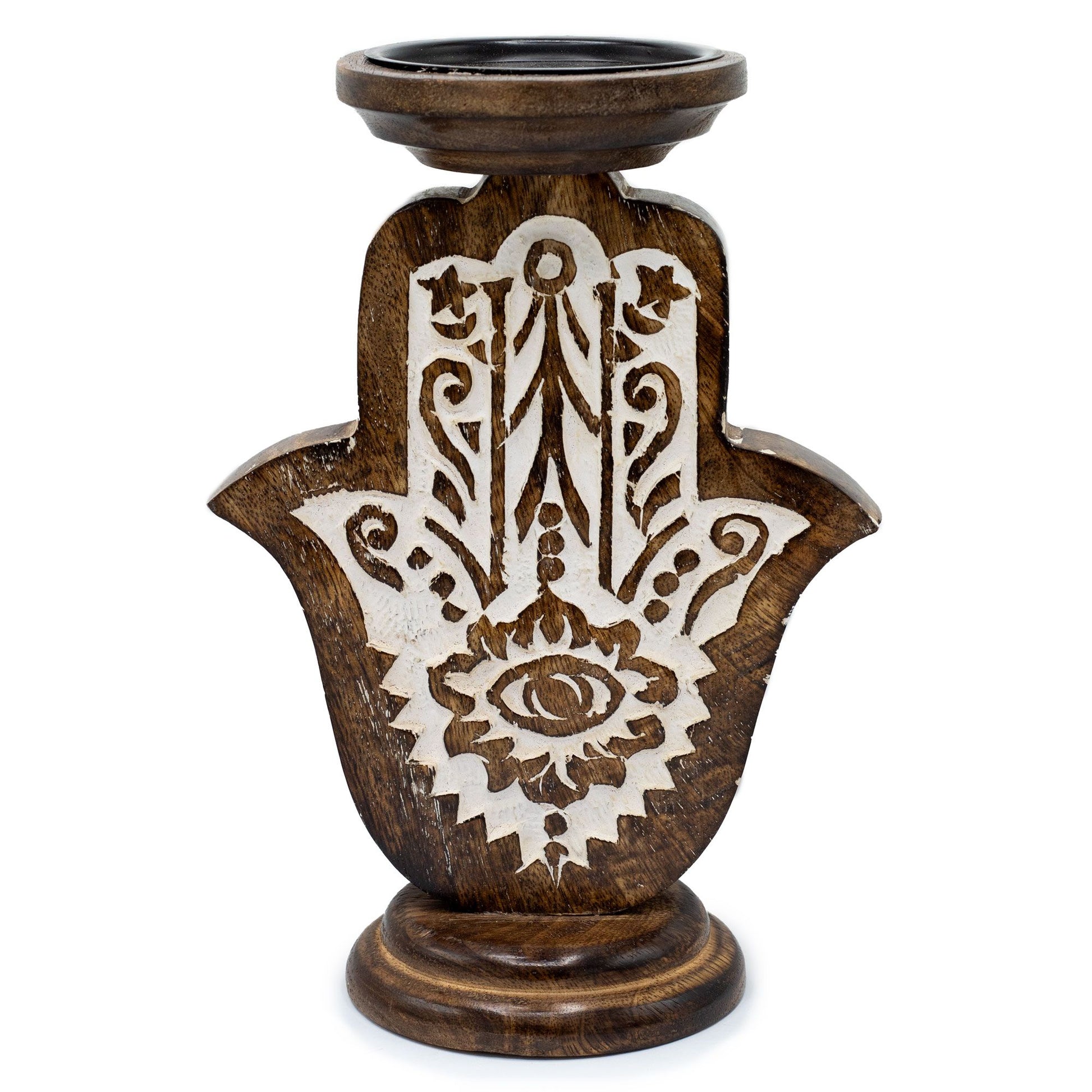 Large hand-carved mango wood candle holder featuring a detailed Hamsa symbol with a natural wood grain finish.