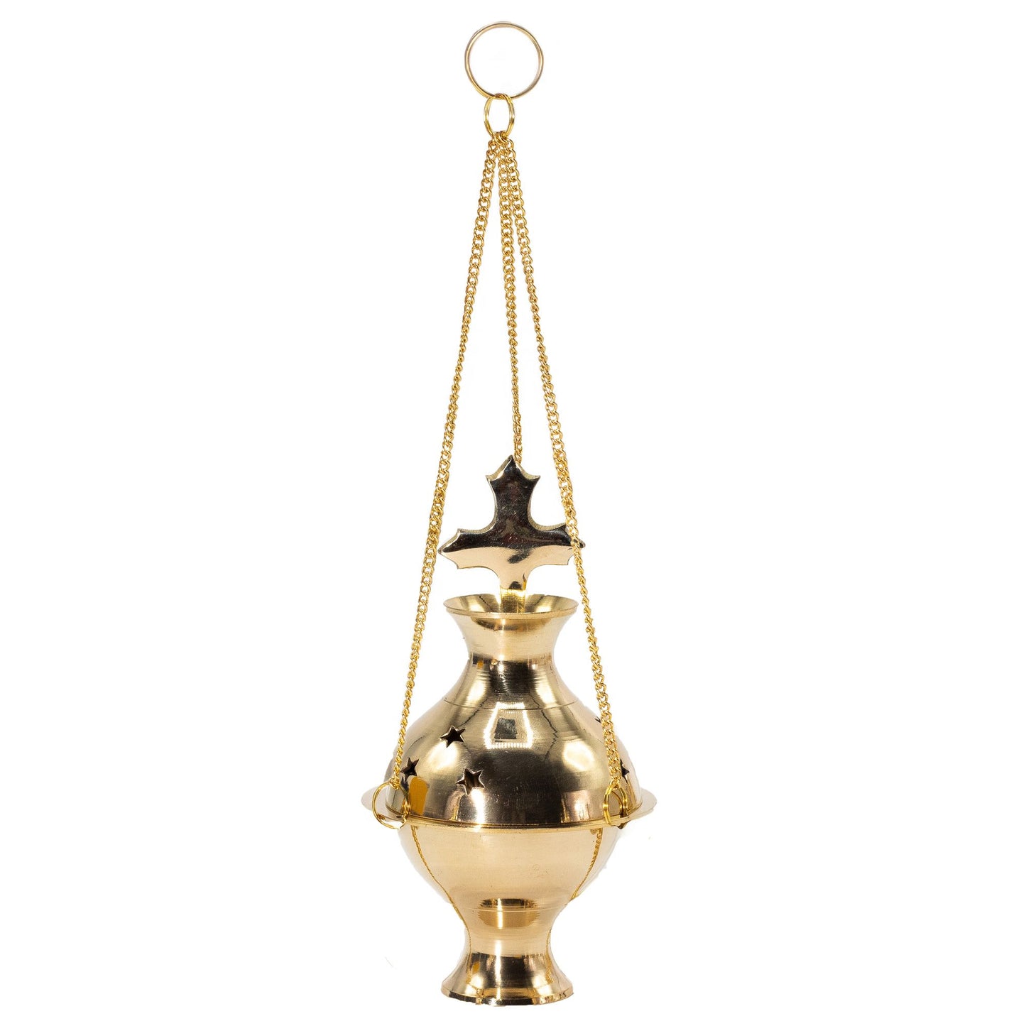 Polished hanging brass incense burner with a cross finial, star cut-outs, and three golden suspension chains.