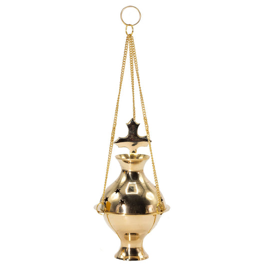 Polished hanging brass incense burner with a cross finial, star cut-outs, and three golden suspension chains.
