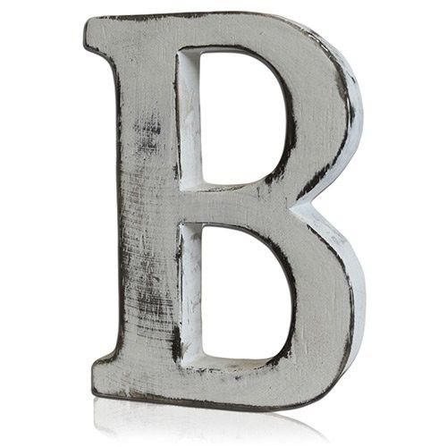 Handmade white-wash mango wood alphabet letter B with a distressed shabby chic finish.