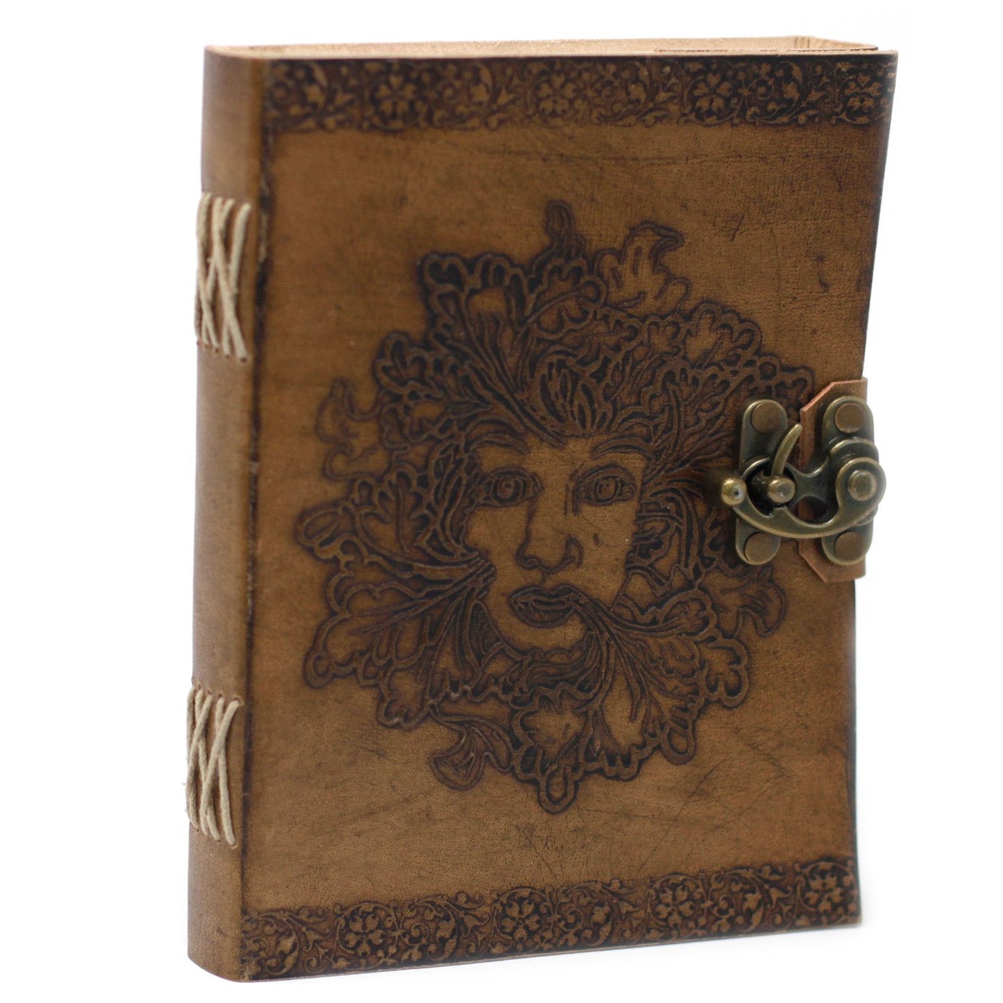 Handcrafted vintage leather journal featuring an embossed Greenman design with metal clasps and rustic wrap-around thong.