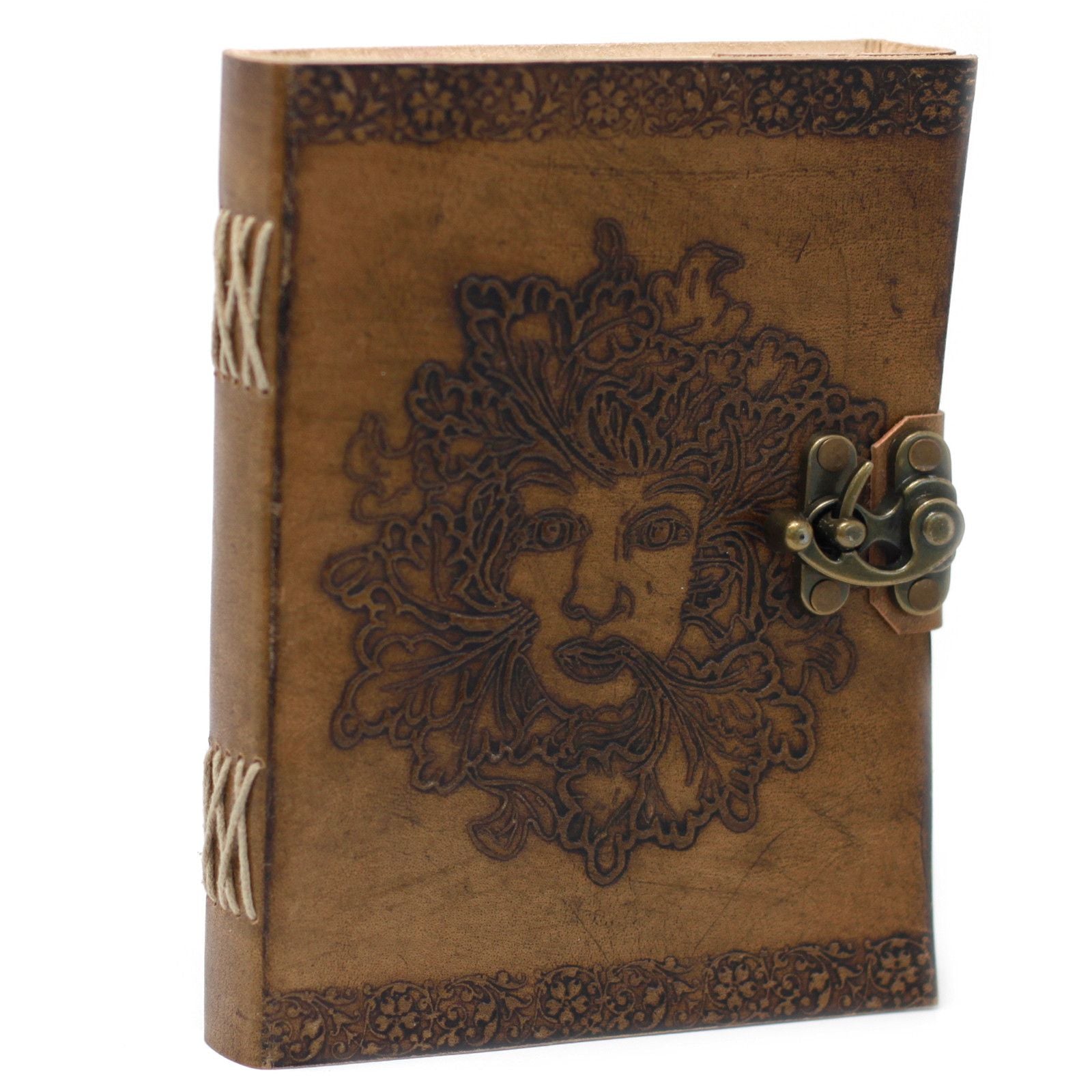Handcrafted vintage leather journal featuring an embossed Greenman design with metal clasps and rustic wrap-around thong.