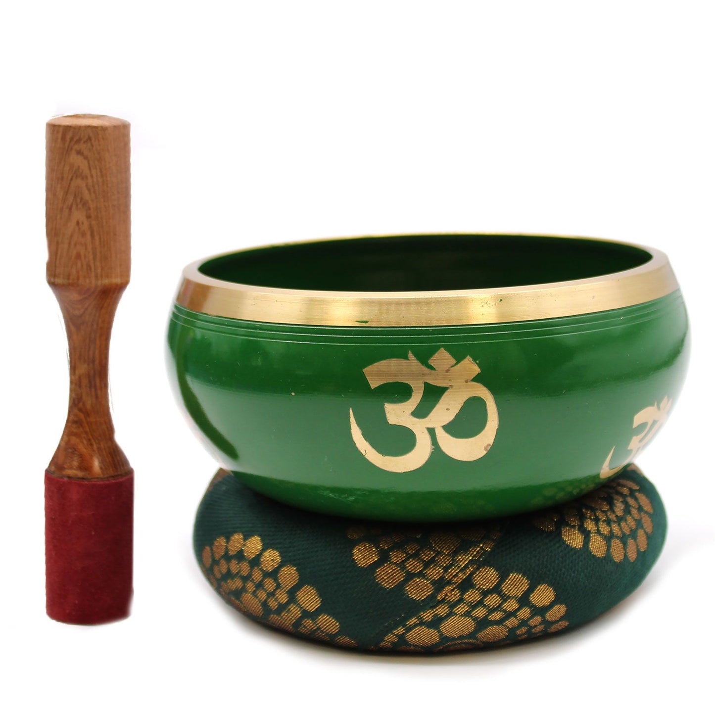 Large green Tibetan singing bowl with an intricate golden Tree of Life design, resting on a cushion with a wooden mallet.