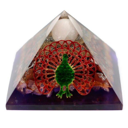 Large 80mm orgonite pyramid with peacock-themed esoteric objects and metallic shavings in a clear resin base.