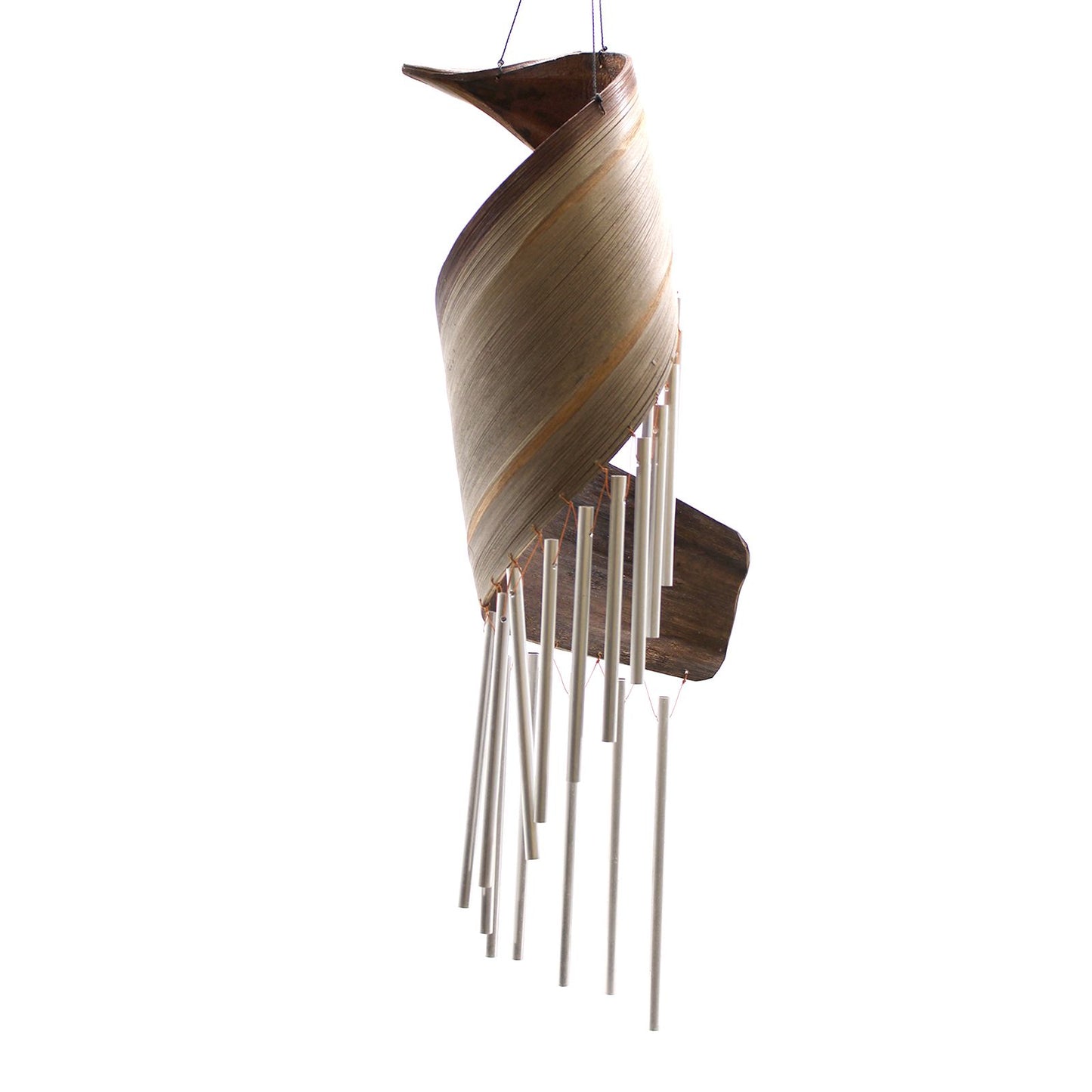 Handcrafted wind chimes made from natural dried coconut leaves hanging vertically against a soft background.