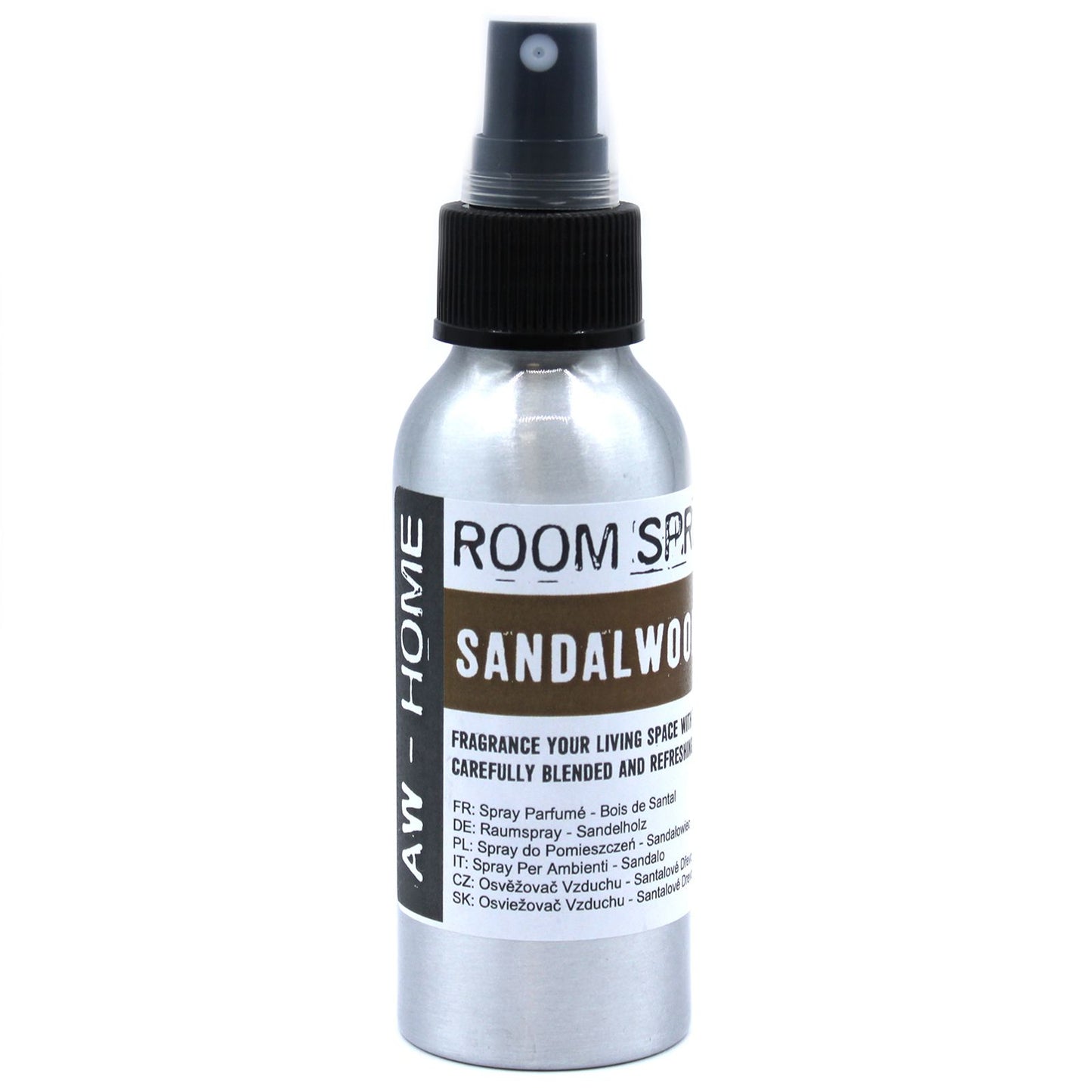 A 100ml amber glass bottle of Sandalwood room spray with a simple elegant label and black spray nozzle.