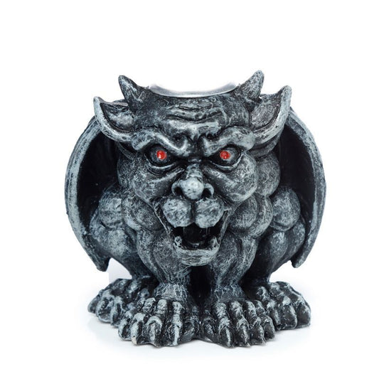 Detailed grey gothic gargoyle seated on a stone-like pedestal with a backflow incense cone releasing a waterfall of smoke.