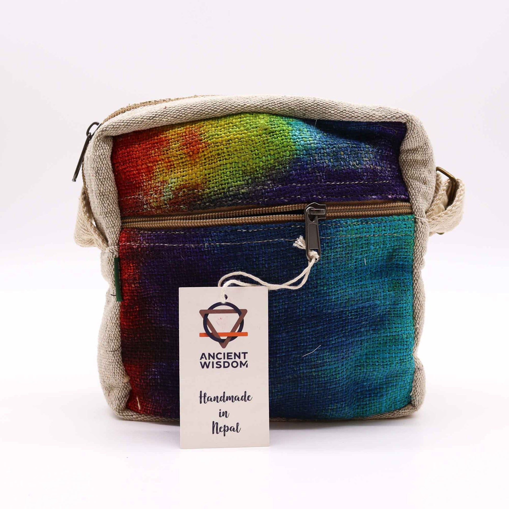 Vibrant tie-dye hemp messenger bag with a single zip and a long adjustable shoulder strap.