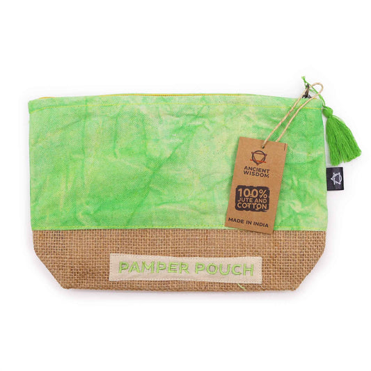 Stonewash green cotton drawstring pouch with a rustic texture, suitable for holding crystals and wellness tools.
