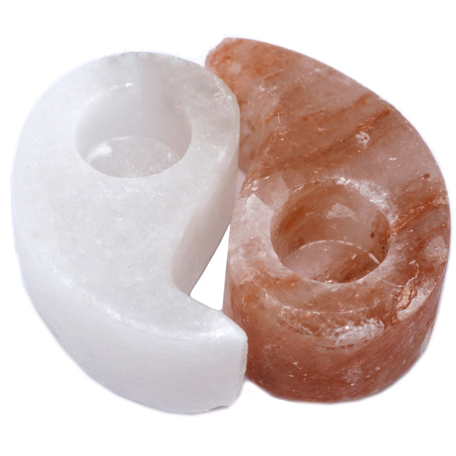 Two interlocking polished Himalayan salt candle holders in a circular Ying Yang shape with tea light recesses.