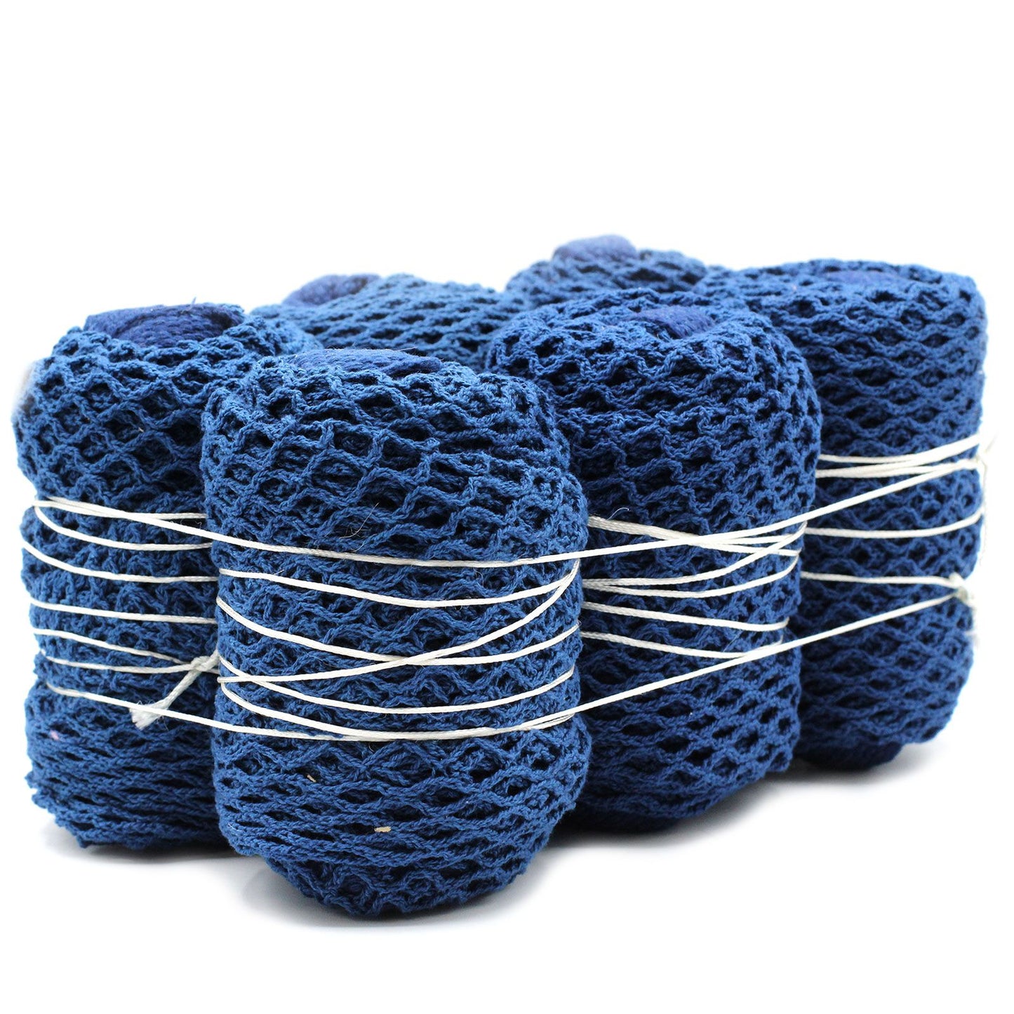 Sustainable denim blue pure cotton mesh shopping bag with a soft woven texture.
