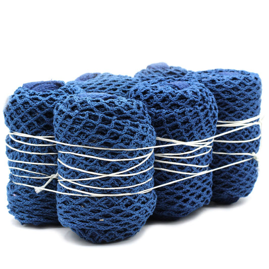 Sustainable denim blue pure cotton mesh shopping bag with a soft woven texture.