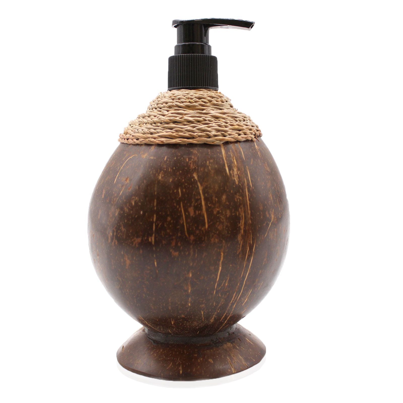 Sleek and natural hand-carved teakwood soap dispenser with a polished finish and sturdy pump.