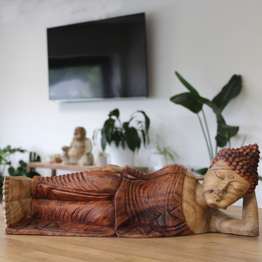 Large hand-carved Suar wood Sleeping Buddha statue with intricate three-dimensional details in a peaceful reclining pose.