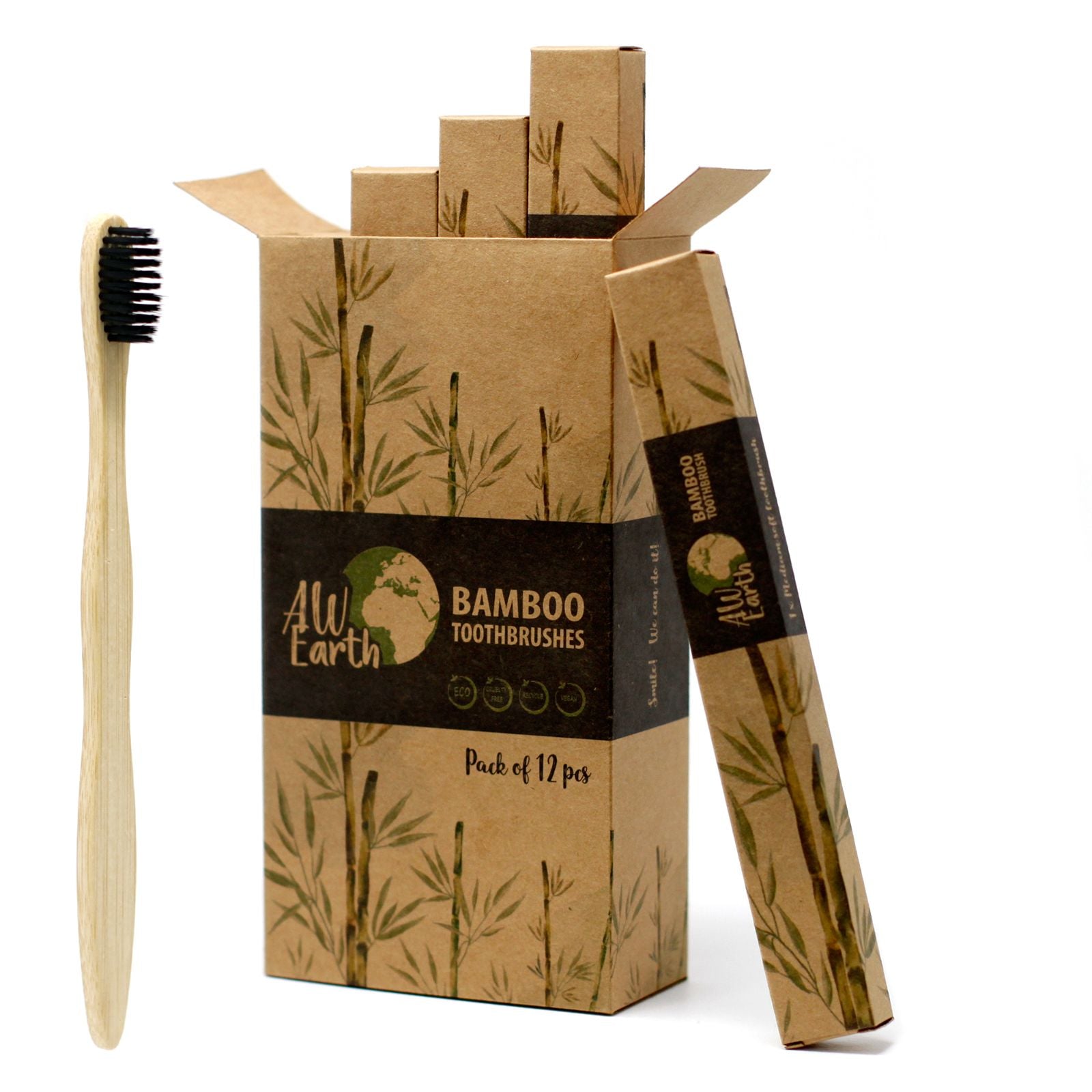 Sustainable bamboo toothbrush with grey charcoal-infused medium soft bristles on a neutral background.