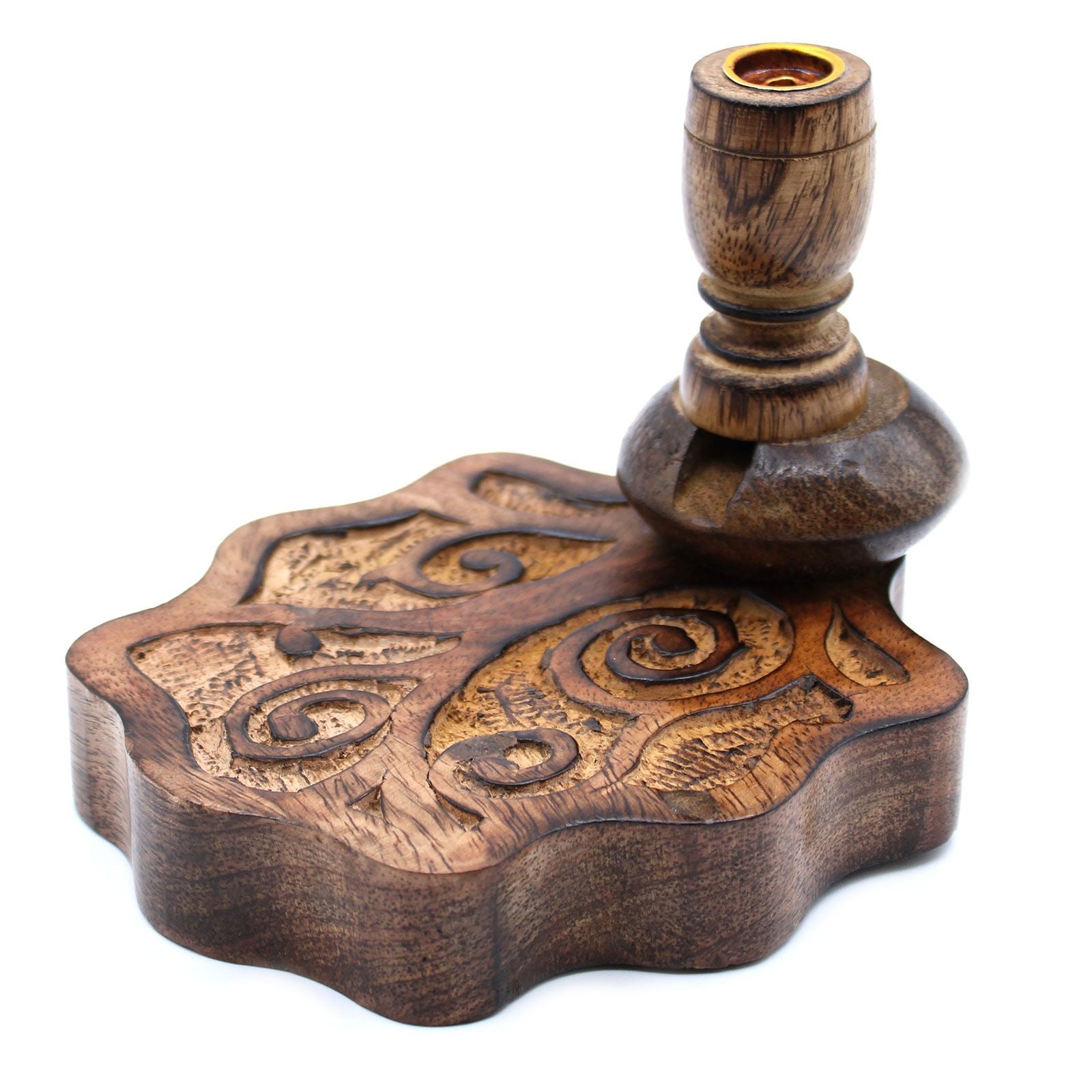 Carved mango wood backflow incense burner featuring a Tree of Life design and a central well for incense cones.