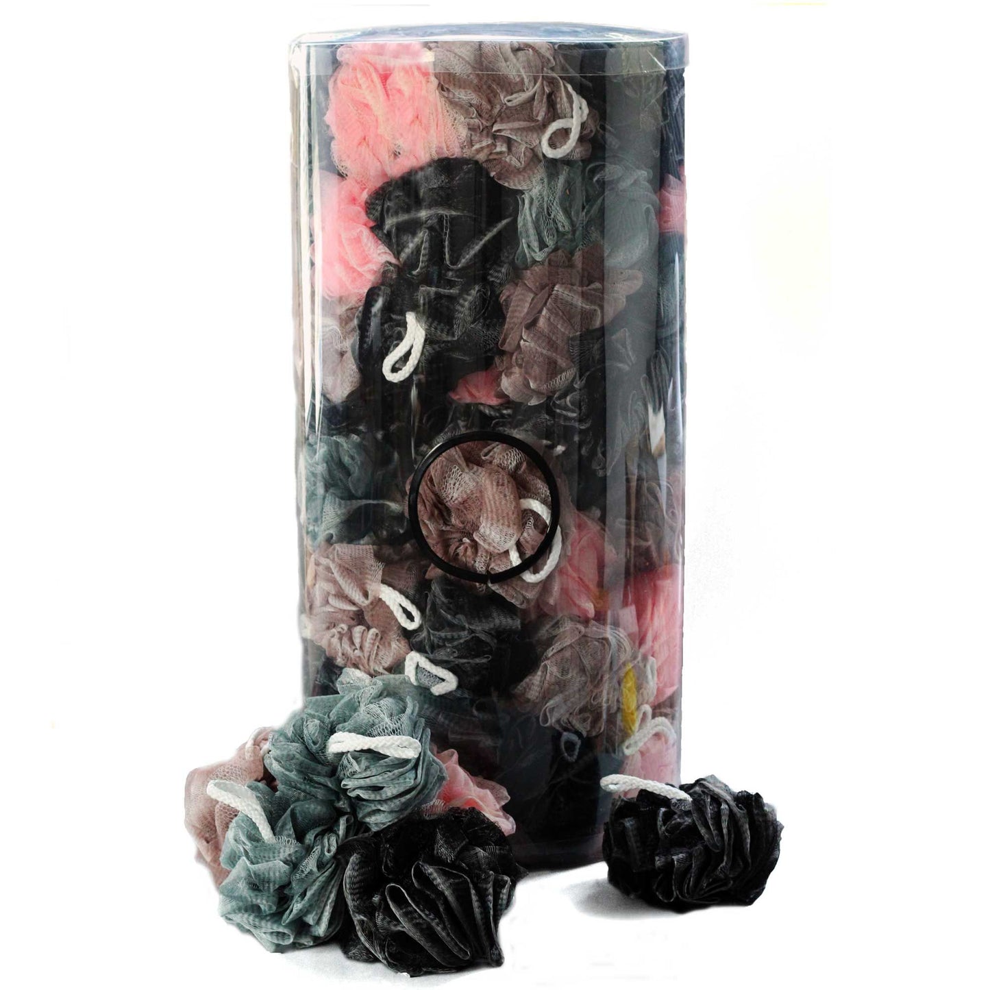 Four assorted two-tone mesh bath scrunchies in various vibrant colours, ideal for gentle exfoliation and cleansing.