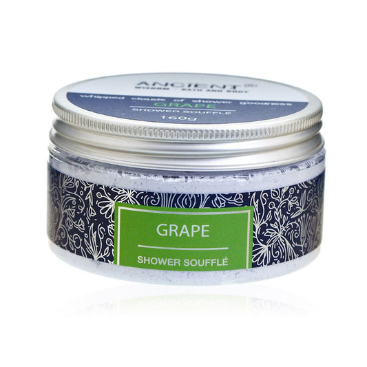 Creamy and fluffy purple grape-scented shower souffle foam in a clear tub with a minimalist label.