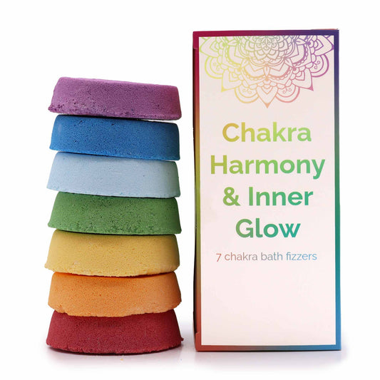 Large gift box of colourful chakra bath fizzers featuring a spiritual mandala pattern and gradient design.
