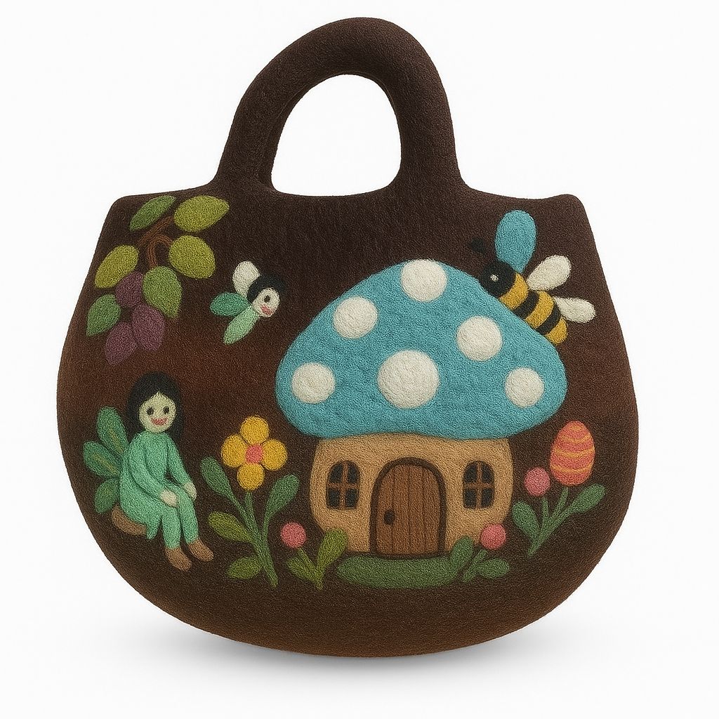 Handcrafted felted bag featuring a whimsical colourful fairy garden design with floral details.