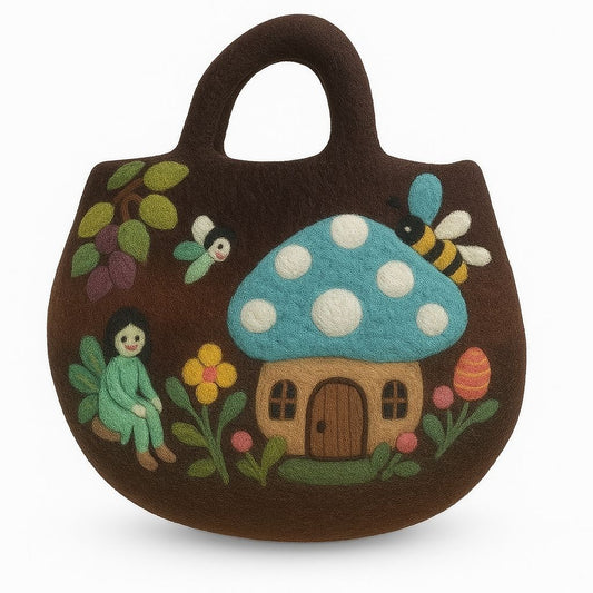 Handcrafted felted bag featuring a whimsical colourful fairy garden design with floral details.