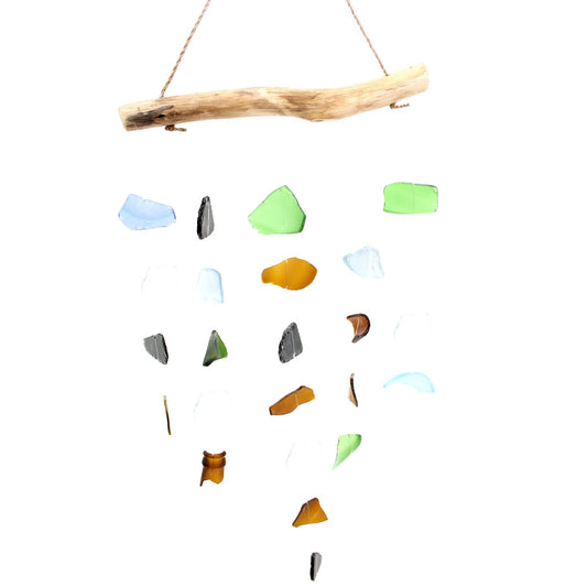 Colourful five-string wind chime made from vibrant recycled glass pieces hanging on delicate strings.