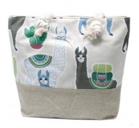 Woven style canvas beach tote bag in vintage green and beige with a charming llama pattern and thick white rope handles.