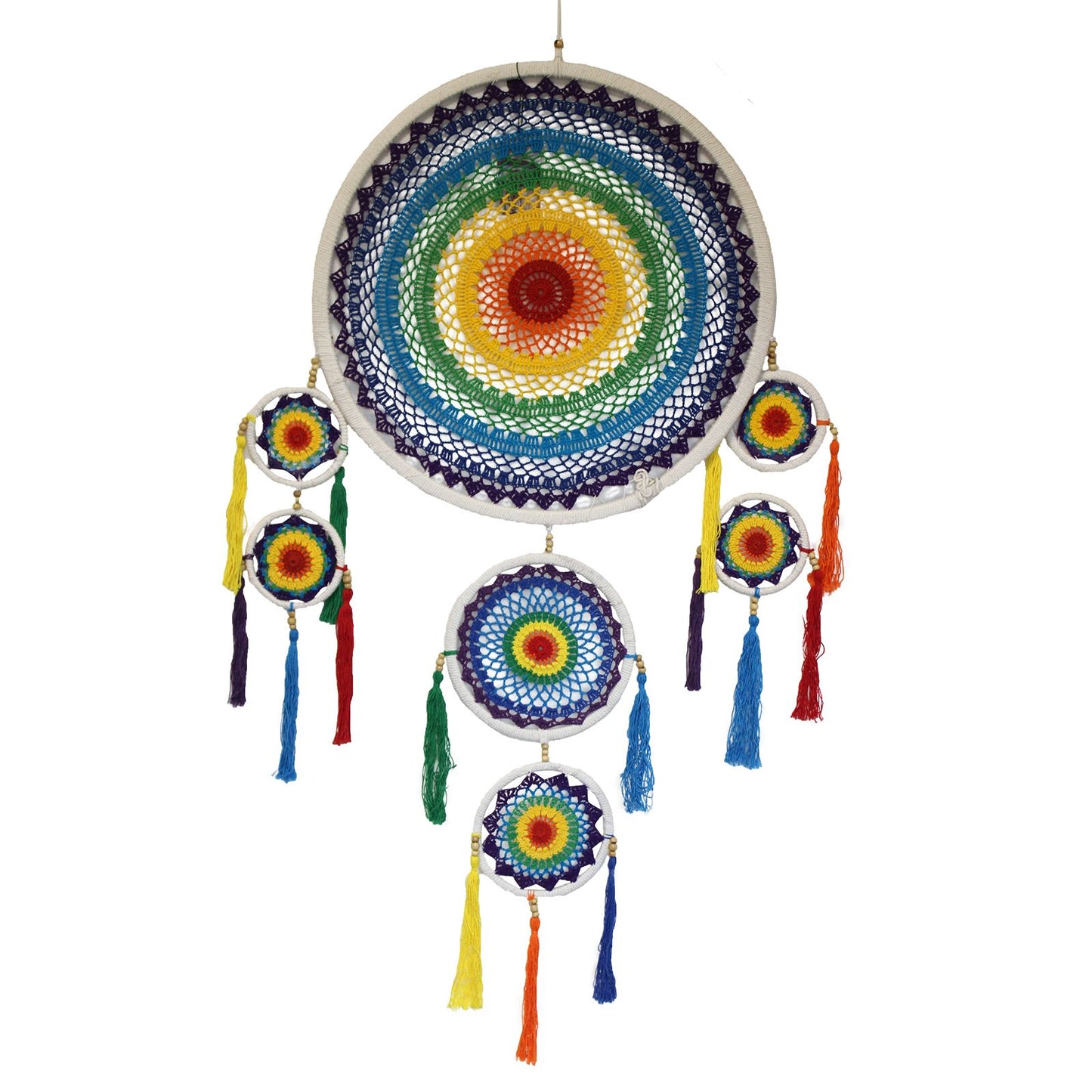 Extra large rainbow dreamcatcher with vibrant multi-coloured feathers and intricate web design hanging against a neutral wall
