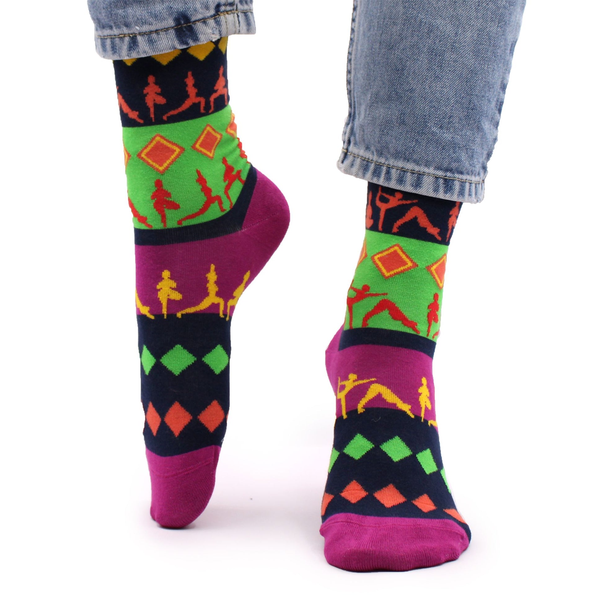 Soft bamboo socks featuring various yoga pose illustrations in a comfortable S/M fit.