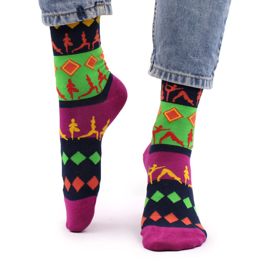 Soft bamboo socks featuring various yoga pose illustrations in a comfortable S/M fit.